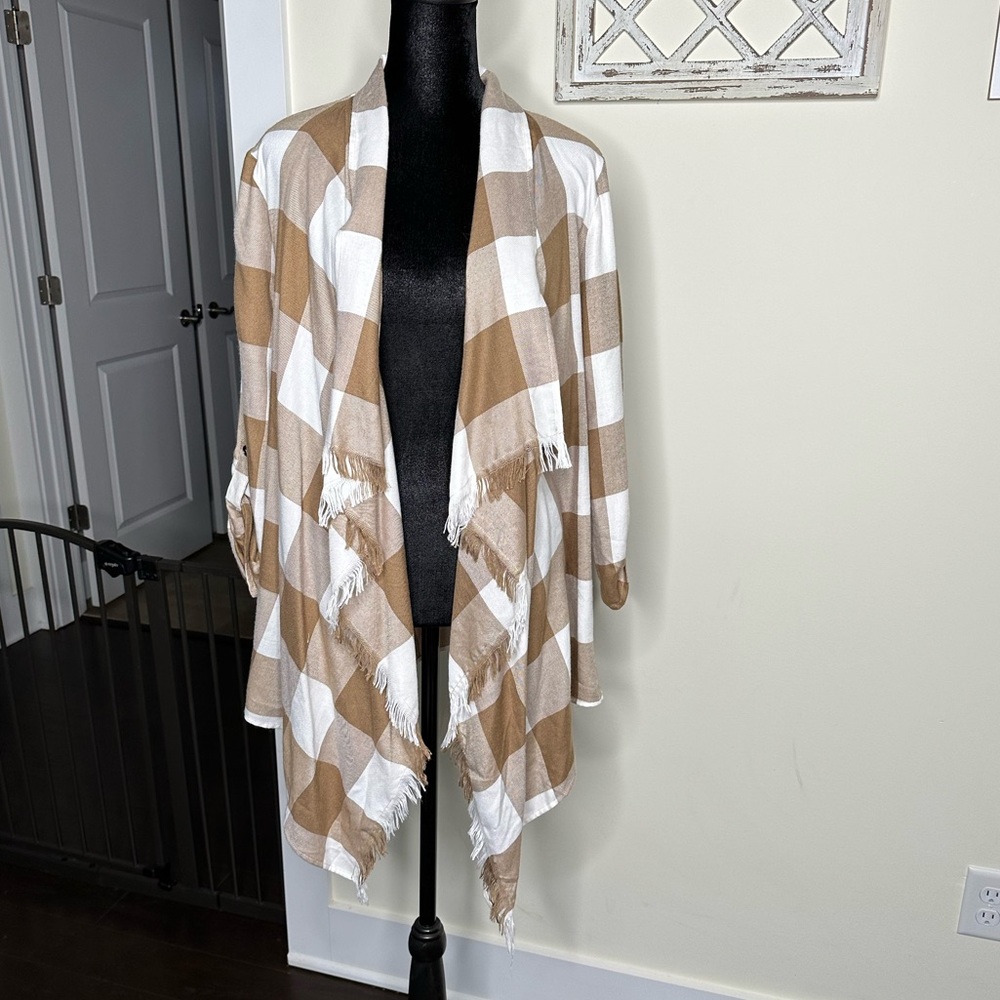 Plaid cardigan.